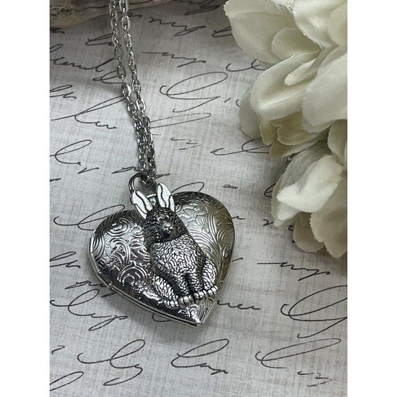 Heart SILVER BUNNY RABBIT Locket Necklace JEWELRY Pendant PHOTO Picture CAMEO - Picture 5 of 12